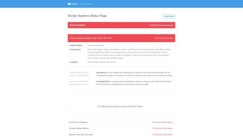 Docker Hub Outage: Registry, Hub, Scout, DBC, DHI Đồng Loạt Tê Liệt