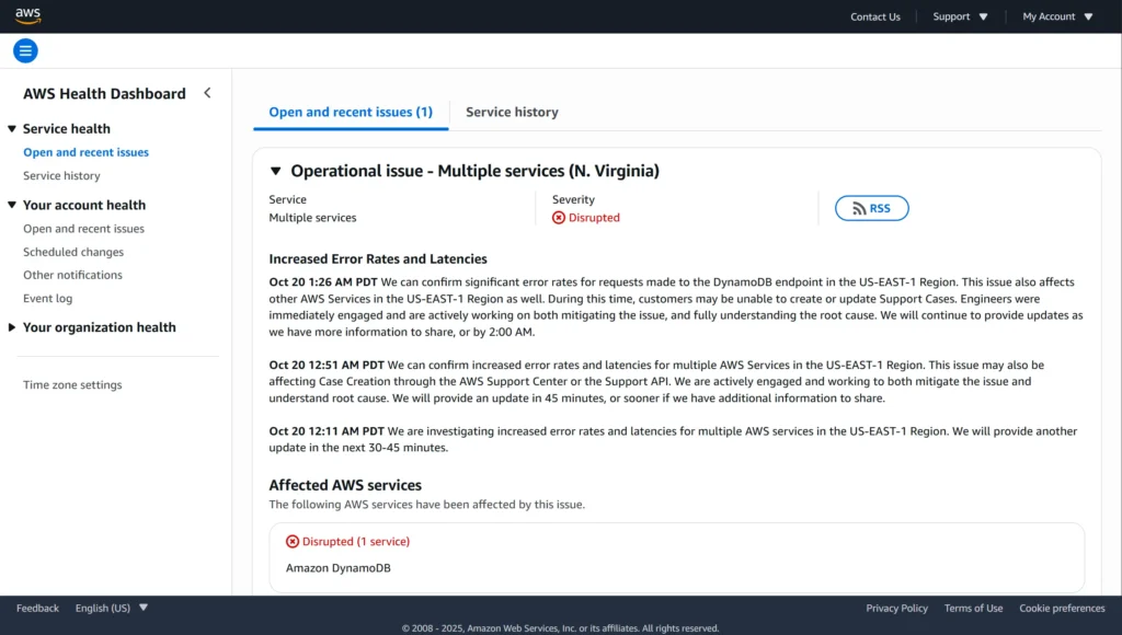 AWS gặp sự cố nghiêm trọng tại khu vực N. Virginia, ảnh hưởng hàng loạt dịch vụ toàn cầu