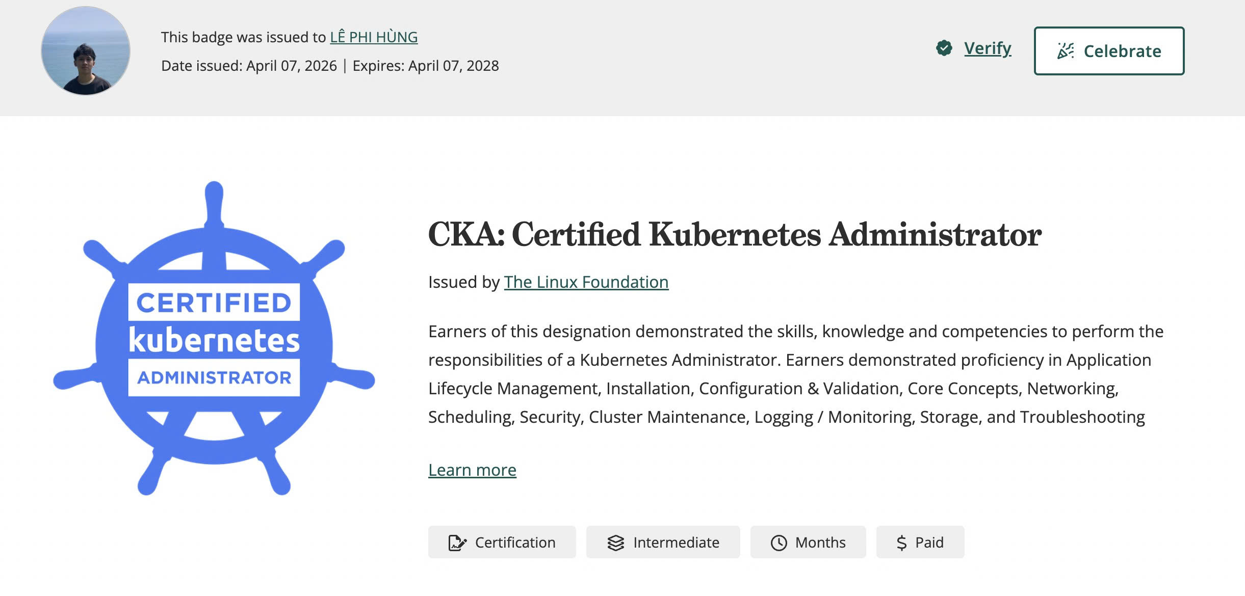 CKA chứng nhận từ credly